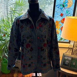Embroidered Blue Denim Jacket with Red Floral Accents